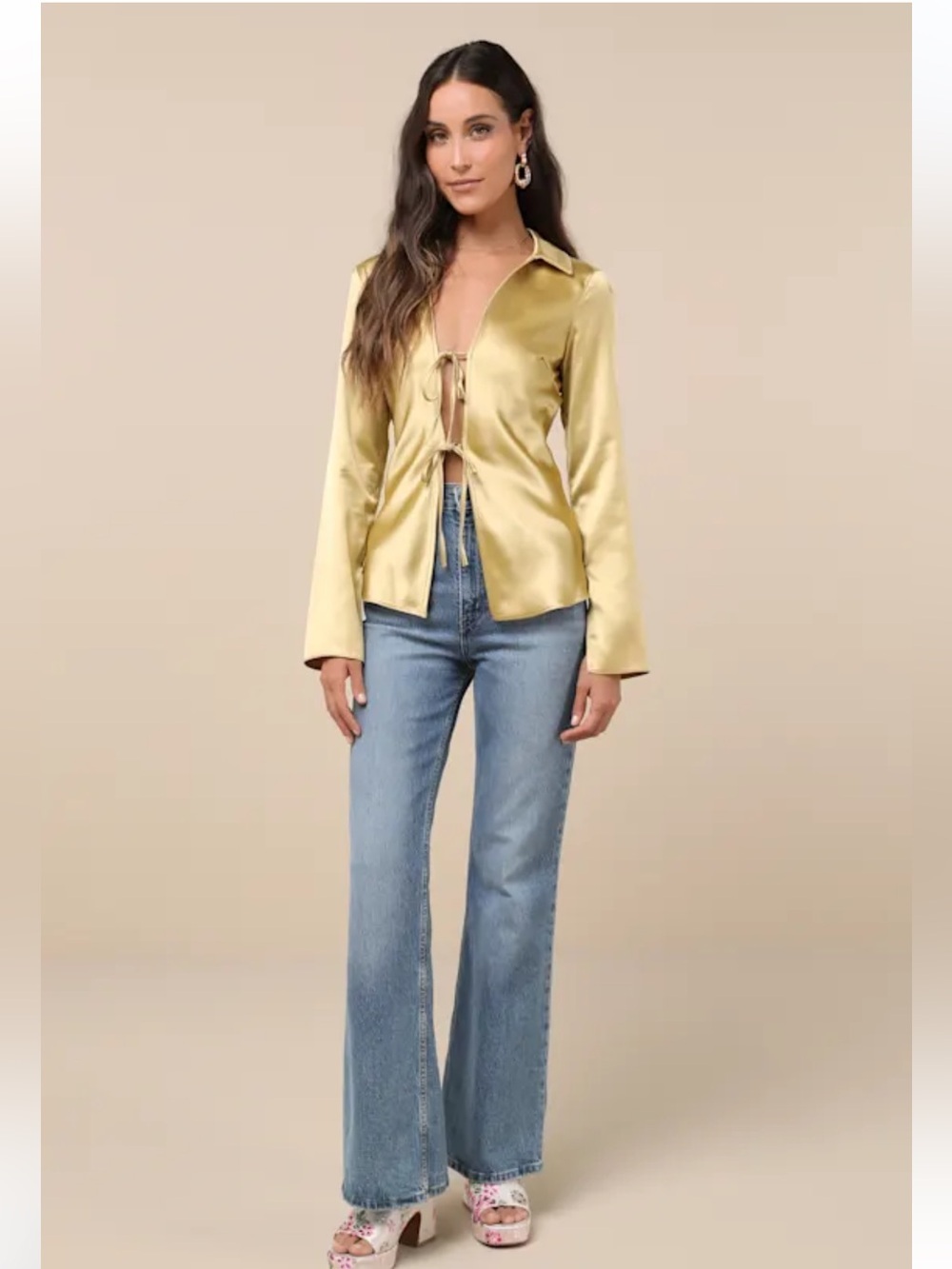 NWT Lulus Coveted Aesthetic Gold Tie-Front Long Sleeve Collared Top - Picture 5 of 9